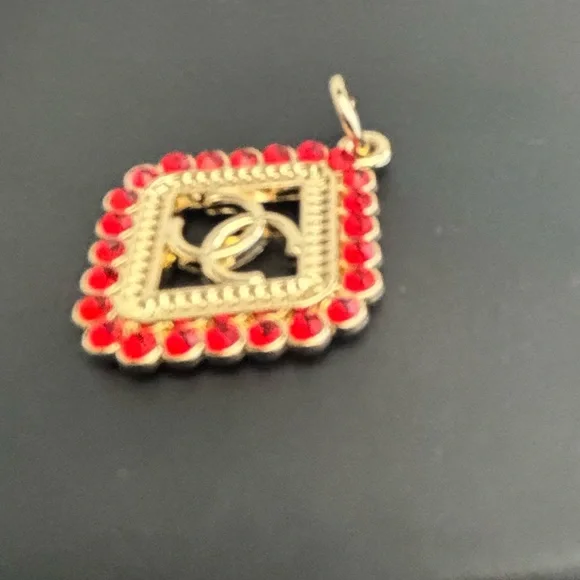 Upcycled CC Chanel Gold & Red Rhinestone Charm, Zipper Pull, Necklace 16 in. - Picture 7 of 7